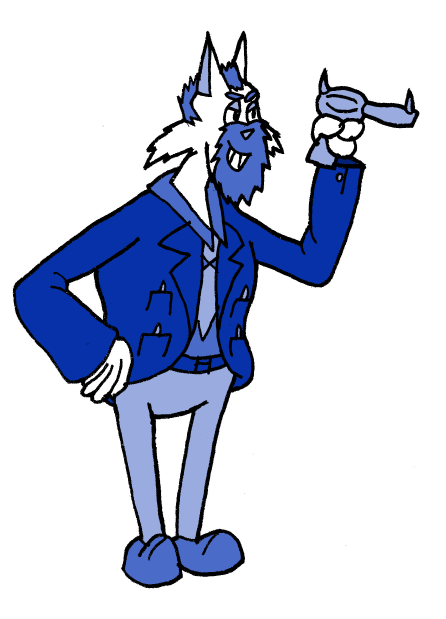 A white cat man, shorter than Lizzie, in a fancy suit and big beard. He is carrying a gun.